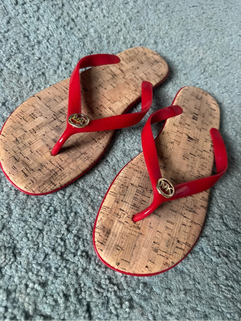 Michael Kors Red Patent Flip Flops with Gold MK Logo